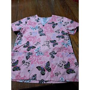 XS SB Scrubs Short Sleeve Floral Butterfly Spring Summer Scrub Top Shirt Pink